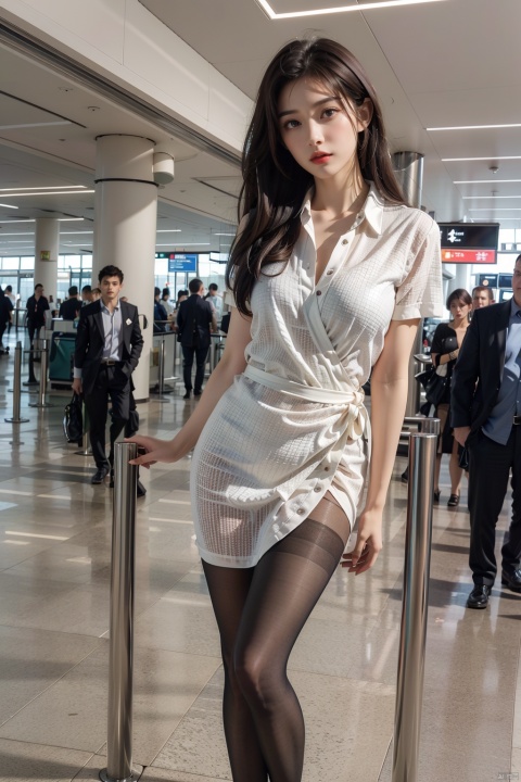 Lush,(masterpiece, best quality:1.2),highly detailed,extremely detailed,real photo, fullbody,1girl,solo,tall girl,long legs,looking at viewer,(body facing viewer:1.2),  red lips,brown long hair, （Open shirt）,short sleeves,(knees length dress), (240D wrap hip very thick pantyhose), airport
