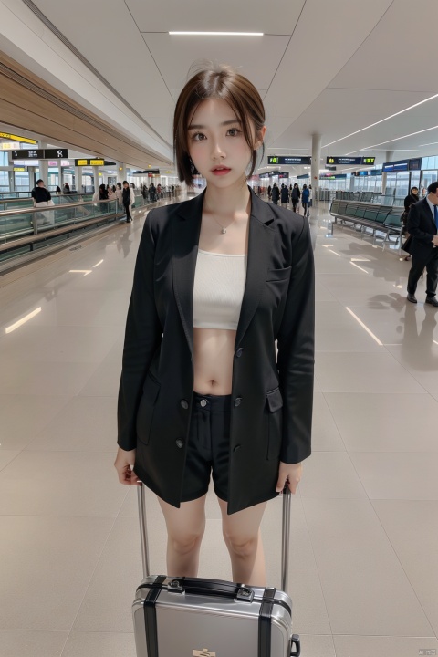  masterpiece, ultra detailed, high quality, 1girl, (blush, red face, parted lips),set on a silver suitcase, detailed lips, (solo), cheongsams  in black suit,navel,wide shot, scenery, half body, passport,ponytail, short hair, long channel,(purpleeyes:1.1),,airport,机场,Wide passage, ll-hd