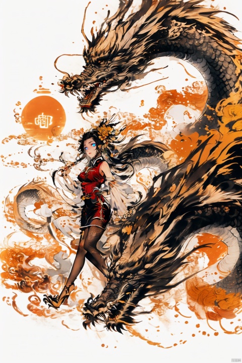  Chinese dragon, (peeks out), soaring in the sky, 1 girl,white hair,white pantyhose,long and majestic dragon body, highest quality, masterpiece, epic beauty,Outdoor, (Macaron color :1.2), Ancient Chinese architecture, Tower Pavilion, Terrace, Flying in the Sky, Majestic, Dreamlike style, Chinese Architecture, Sunset, cloud tops, verdant, peach blossoms, textured skin, Super detail, best quality, visual art, God beast, ink paniting, white pantyhose, 1girl,high_heels,yellow_footwear,pencil_skirt,white_footwear, dofas