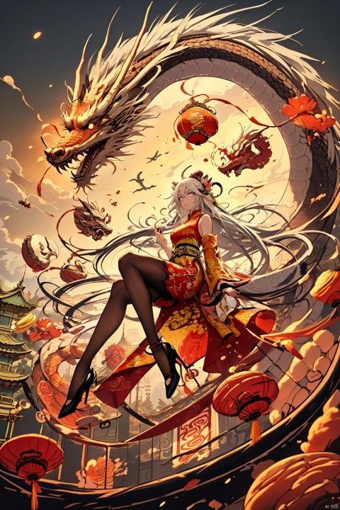  Chinese dragon, (peeks out), soaring in the sky, 1 girl,white hair,white pantyhose,long and majestic dragon body, highest quality, masterpiece, epic beauty,Outdoor, (Macaron color :1.2), Ancient Chinese architecture, Tower Pavilion, Terrace, Flying in the Sky, Majestic, Dreamlike style, Chinese Architecture, Sunset, cloud tops, verdant, peach blossoms, textured skin, Super detail, best quality, visual art, God beast, ink paniting, white pantyhose, 1girl,high_heels,yellow_footwear,pencil_skirt,white_footwear