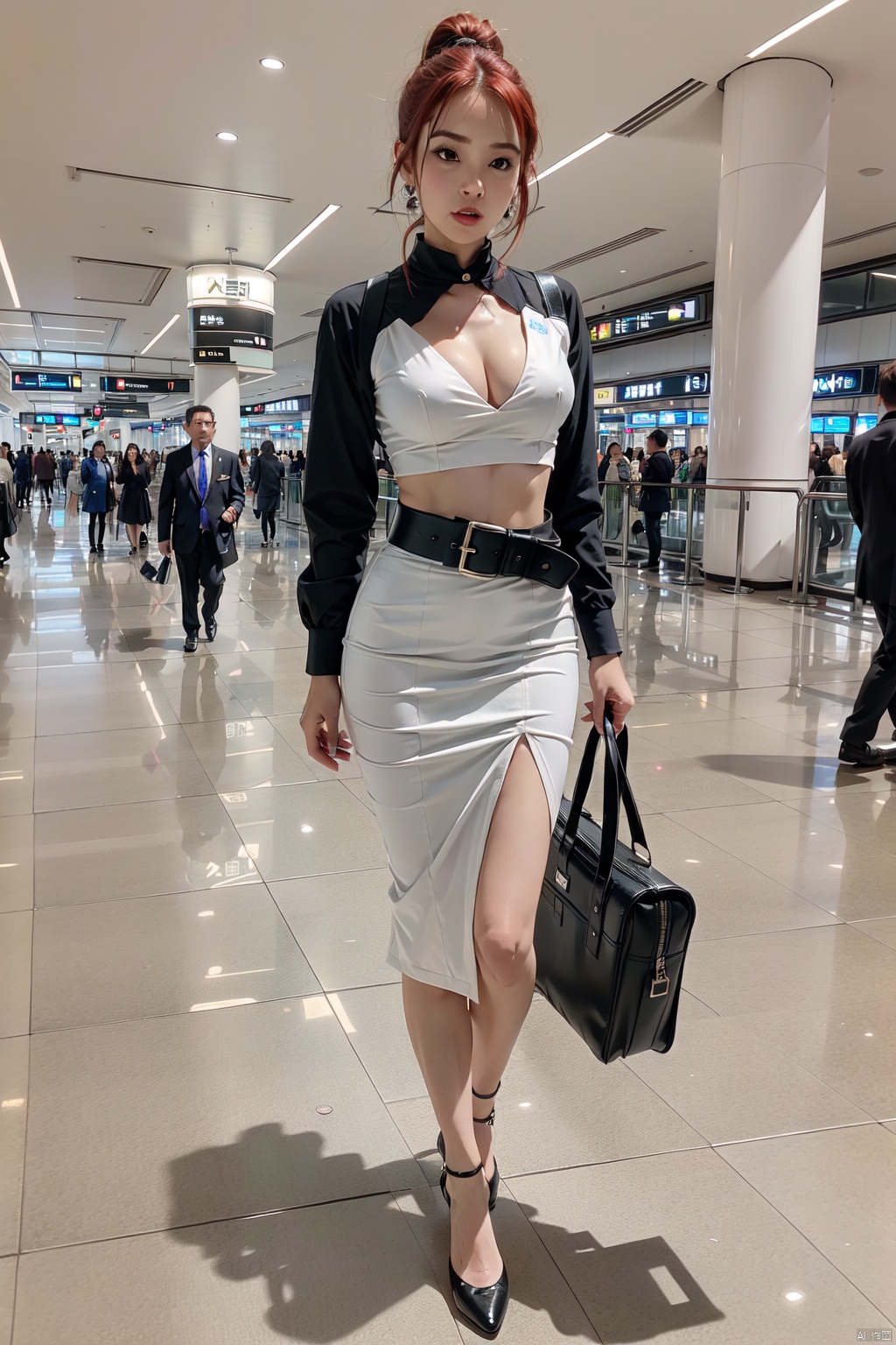  masterpiece, ultra detailed, high quality, 1girl, (blush, red face, parted lips),Walking with a silver suitcase, detailed lips, (solo), navel,wide shot, scenery, full body, Flight attendant uniform, red hair, hair between eyes, ponytail, short hair, long channel,(purpleeyes:1.1),,airport,机场,Wide passage, ll-hd