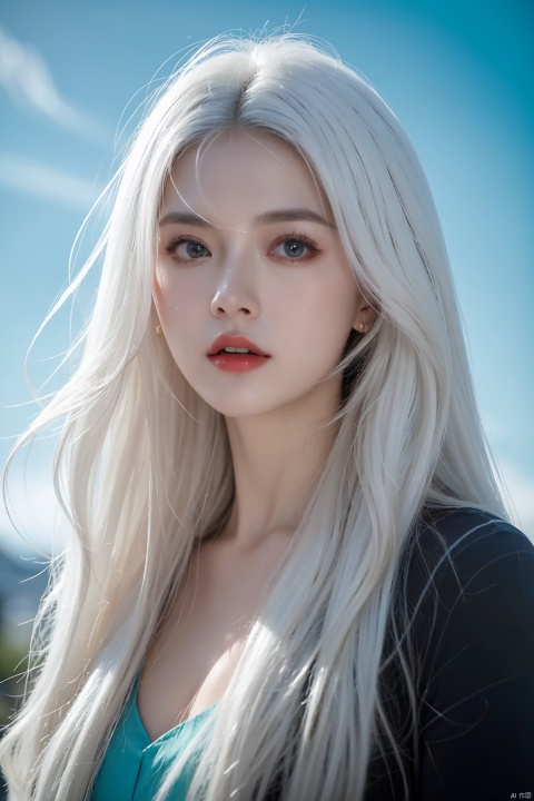  (dramatic, gritty, intense:1.4),masterpiece,best quality,32k uhd,insane details,intricate details,hyperdetailed,hyper quality,high detail,ultra detailed,Masterpiece,super vista,abandoned,1girl,solo,long hair,(white hair:1.4),A shot with tension,(sky glows cyan,Visual impact,giving the poster a dynamic and visually striking appearance:1.2),,