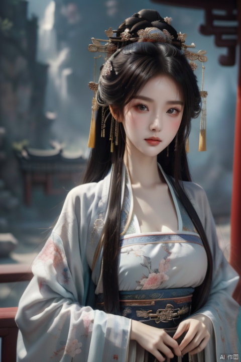 ((best quality)),((masterpiece)),((ultra-detailed)),extremely detailed CG,(illustration),((detailed light)),(an extremely delicate and beautiful),Young girl,solo,((upper body,)),((cute face)),expressionless,(beautiful detailed eyes),(medium breasts:1.2),(Vertical pupil:1.2),shiny hair,White Hanfu,hanfu,depth of field,Pure gray background,Black hair, chang