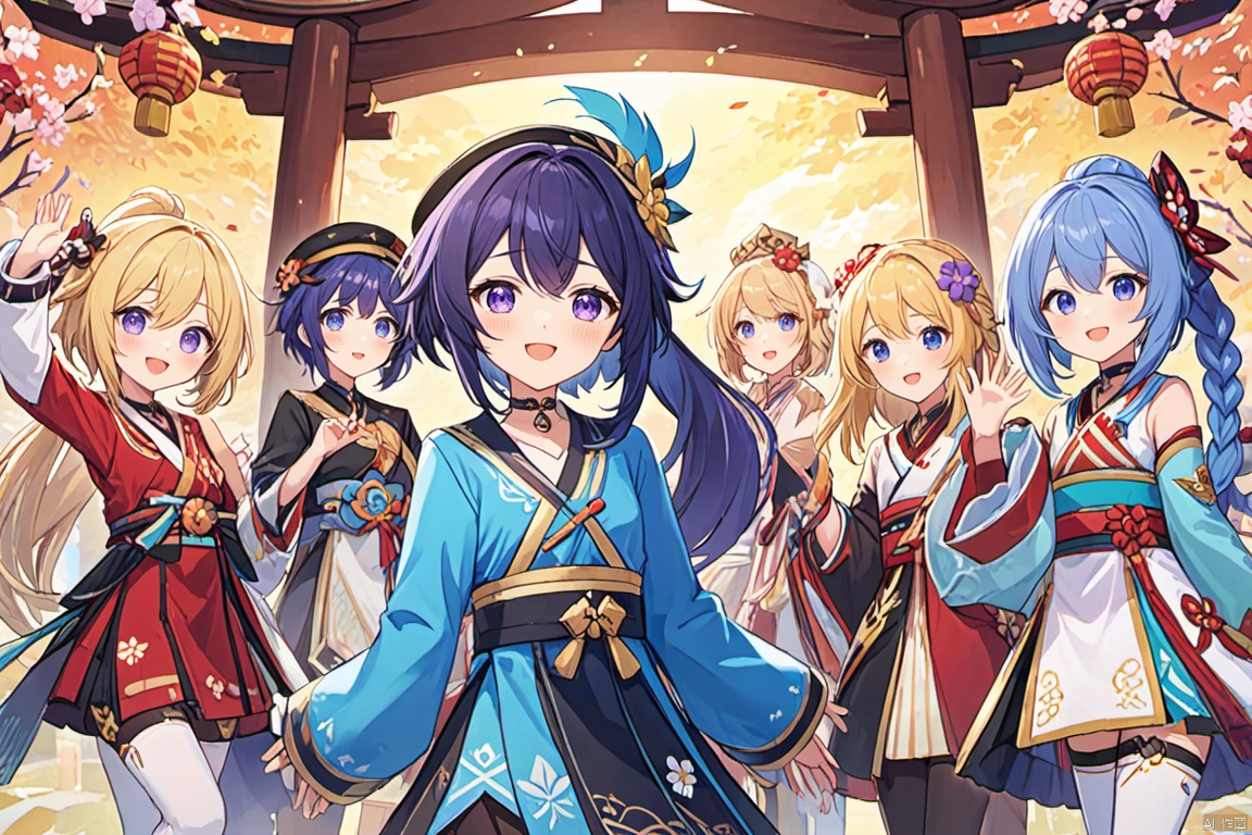  long hair, looking at viewer, smile, short hair, open mouth, bangs, blue eyes, multiple girls, blonde hair, black hair, hair ornament, thighhighs, long sleeves, hat, dress, hair between eyes, blue hair, standing, purple eyes, full body, closed eyes, ponytail, purple hair, braid, flower, white hair, japanese clothes, multiple boys, alternate costume, choker, 2boys, blunt bangs, 6+girls, 3boys, waving, vision \(genshin impact\), raiden shogun, lumine \(genshin impact\), aether \(genshin impact\), klee \(genshin impact\), paimon \(genshin impact\), kamisato ayaka, qiqi \(genshin impact\), yoimiya \(genshin impact\), thoma \(genshin impact\)