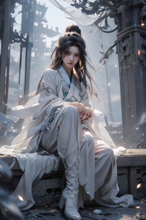 HDR,ultra high definition,8K,high details,best quality,masterpiece,(minimalist style:1.2),solo,1 girl,female focus,long hair,boots,(special effects),white clothes,Hanfu,magic.,Lighting Master,Dofas,(Shuanghua),