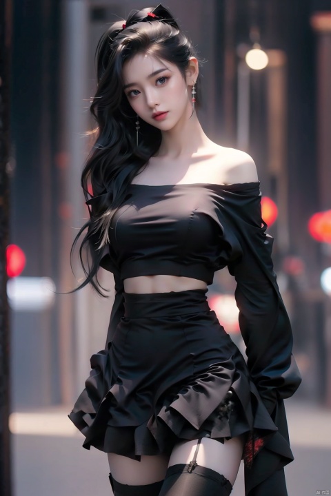 1girl, solo, long hair, breasts, looking at viewer, skirt, large breasts, shirt, black hair, thighhighs, bare shoulders, jewelry, underwear, standing, panties, full body, ponytail, earrings, outdoors, parted lips, midriff, black thighhighs, off shoulder, black footwear, arm up, high heels, crop top, black panties, red skirt, garter straps, high ponytail, building, red shirt, city, off-shoulder shirt, red lips