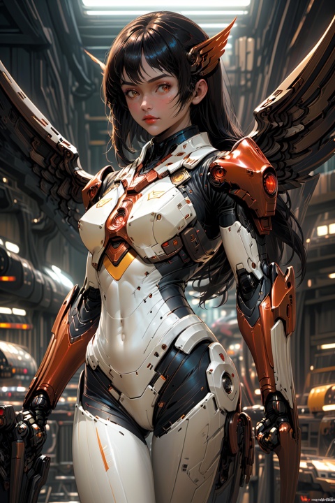  1girl, solo, long hair, breasts, looking at
viewer, bangs, black hair, holding, brown
eyes, medium breasts, closed mouth,
weapon, cowboy shot, wings, lips,
bodysuit, covered navel, blurry
background, thigh gap, skin tight,
backlighting, dual wielding, red lips,
mechanical wings