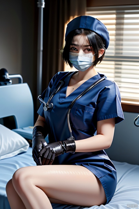  1girl, s( olo, short hair, black hair, gloves,
hat, spr ead legs, mask, bdsm, nurse cap,
mouth mask, nurse, surgical mask
