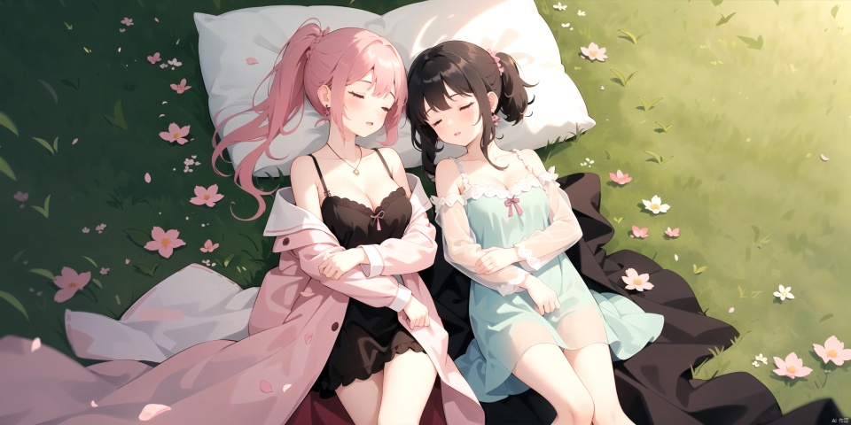  multiple girls, multiple girls, multiple girls, sleeping, lawn, field, flower, pink petals, Double ponytail braid, long hair, breasts, long sleeves, cleavage, bare shoulders, collarbone, open clothes,magenta cloak, jewelry, nightgown, on back, dress, see-through, pillow, bare legs, hug