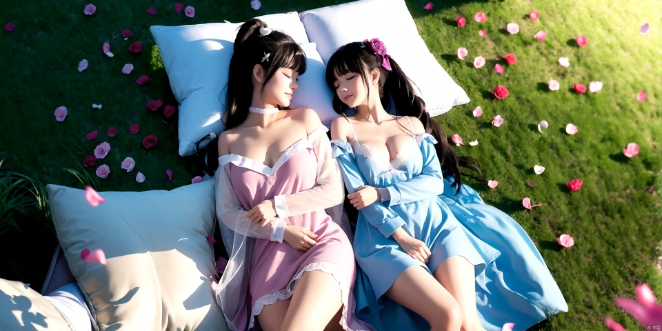  long hair, breasts, smile, short hair, bangs, multiple girls, blonde hair, brown hair, black hair, hair ornament, dress, bow, bare shoulders, twintails, closed mouth, underwear, blue hair, full body, closed eyes, purple hair, flower, hair bow, hairband, small breasts, lying, barefoot, indoors, on back, white dress, two side up, see-through, pillow, bare legs, hug, bed, rose, on bed, on side, sleeping, 5girls, wooden floor, nightgown, princesses