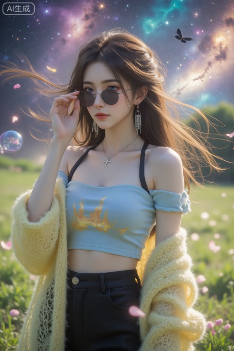 1girl,solo,A long-haired woman, wearing round sunglasses, gently held the frame with her right hand. She wore a light blue off-the-shoulder top with a golden flame pattern on the chest, paired with a black halter top and black high-waisted pants, and wore a light yellow cardigan over it. Wearing a silver cross necklace, a black collar and tassel earrings, the overall look is fashionable and avant-garde,flying splashes, flying petals, wind:0.6),(floating and rainbow long hair,Iridescence and rainbow, beautiful detailed starry sky:0.5),((starry tornado), starry Nebula, beautiful detailed sky:0.5),(stars in the eyes, messy floating hair, colored inner hair, Starry sky adorns hair, (lots of big colorful Bubble), (pearl), (Galaxy), depth of field:0.4),(ink)),(water color),bloom effect,detailed beautiful grassland with petal,flower,butterfly,necklace,smile,petal,