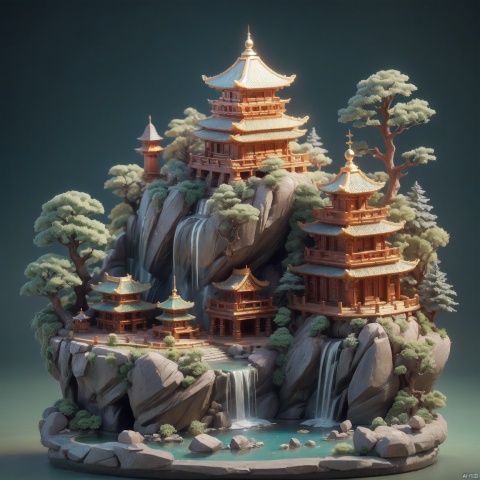  mini world, tilt shift, atmospheric lighting, neon lights, depth of field, Medieval, Scenery, mountains, waterfall, Temple, trees, Jade , Engraving, high Polished, extreme closeup, masterpiece, best quality,((high saturation)),((ultra-detailed)), no humans, C4D, 8K, high detailed, yudiao