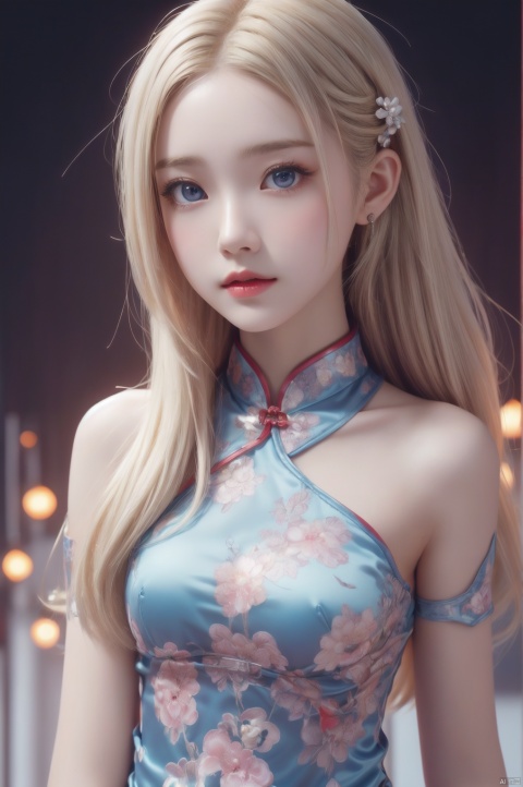  tilt shift, excellent lighting, Correct scale, 1girl, solo,(Europe Girl),beautiful 16 year old girl,(blonde hair),(brown hair),(white hair), (long hair), (beautiful hair)), ((Blue eyes),(beautiful eyes)), cleavage, collarbone, (detailed skin, oily skin, glossy skin, fine skin, (pale skin), (amber skin)), ((perfect anatomy), (correct limb)), pale body), strapless, (see-through, (Obsidian and Ruby tone cheongsam), cheongsam)), impactful visuals, extreme closeup, sense of space, best quality, super detailed, photo like image quality, colorful painting, masterpiece, best quality, depth of field, ((high saturation)),((ultra-detailed)), angry,((5_toe),(beautiful toe), toenails), hate, skinny, floating, cape, energy, glowing, magic, technological marvels, futuristic style, ray tracing, hyper-realistic pop, celestialpunk, grid-like structures, surrealism, Chinese traditional painting, starting future (umamusume)