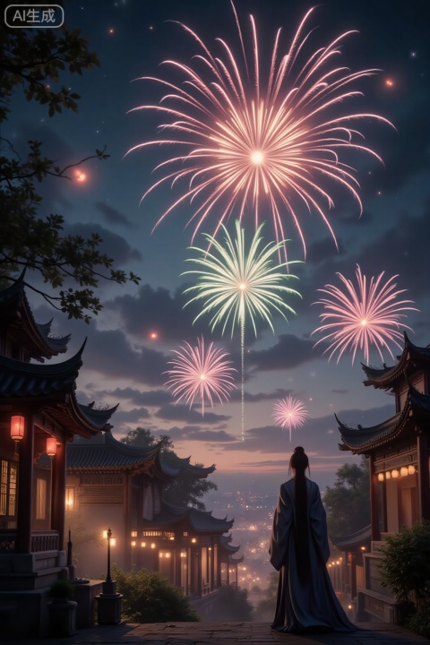 1girl,solo,hanfu,The overall picture features intense yet harmonious colors, brimming with the classical charm of the East, and exudes a serene and elegant atmosphere,In the distance, towering ancient architectural complexes stand. Bright and soft candlelight seeps through the Windows. The eaves are upturned, and the carved beams and painted pillars exude a strong Oriental classical atmosphere. In the sky, red lanterns swayed gently in the wind, complementing the colorful fireworks. The brilliant fireworks burst in the night sky, forming multi-colored arcs of light such as golden red, emerald green and purple-blue. Some spread out layer by layer like chrysanthemums, while others streaked across the sky like shooting stars, illuminating the entire horizon. The background is a deep night sky, dotted with a few bright stars, creating a solemn and festive atmosphere. The colors in the picture are soft and rich in layers, and the overall composition has a strong visual depth, presenting the grandeur and poetry of traditional festivals.