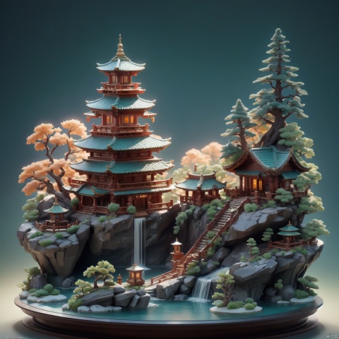  mini world, tilt shift, atmospheric lighting, neon lights, depth of field, Scenery, mountains, waterfall, Temple, trees, Jade , Engraving, high Polished, extreme closeup, masterpiece, best quality,((high saturation)),((ultra-detailed)), no humans, C4D, 8K, high detailed, yudiao