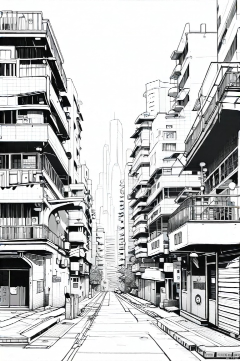 daytime, Kowloon Walled City, outdoors, building, cityscape, Hong Kong neon lights, Having a close and distant view, Dense Apartments, bustling street scene, Original, ananmo, black and white, greyscale, sketch, minimalism, pencil drawing, clear lines, A minimalist design,Fantasy, (elaborate style), fantasy art, high detail, masterpiece, high detail, super detail, depth of field,, sketch, pencil drawing, super detail, line art, black and white,line style,monochrome
