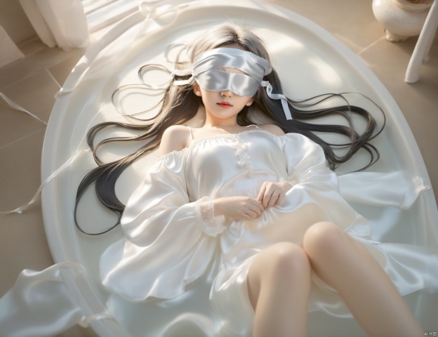  tilt shift, excellent lighting, symmetrical the composition, Correct scale, 1girl, solo,(Asian Girl), (beautiful 20 year old girl), (silver hair), (very long hair, twintails hair),(beautiful hair)), ((white Satin blindfold:1.9)), spa, Lying, Half body submerged in water, black and white, Chinese traditional, traditional media, monochrome, translucent luminous body, girl made of light, bailing_light element