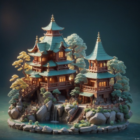  mini world, tilt shift, atmospheric lighting, neon lights, depth of field, Medieval, Scenery, mountains, waterfall, Temple, trees, Jade , Engraving, high Polished, extreme closeup, masterpiece, best quality,((high saturation)),((ultra-detailed)), no humans, C4D, 8K, high detailed, yudiao