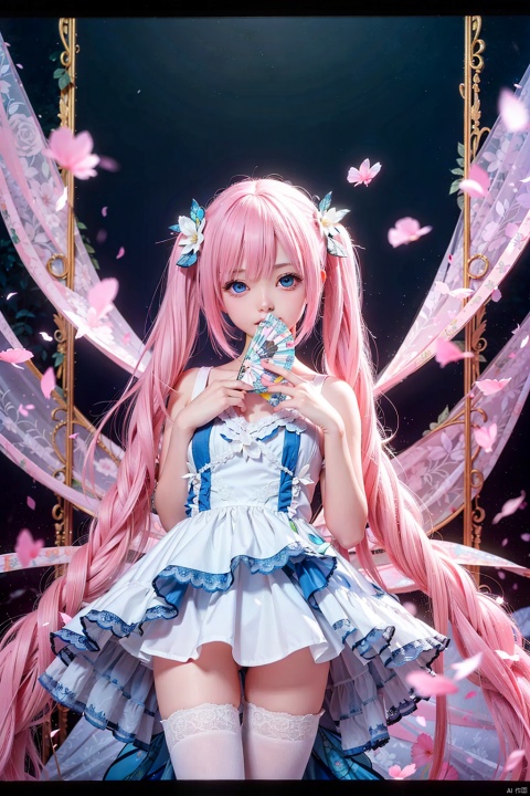  (cowboy shot,very long hair,4349:1), solo, hand_fan, 1girl, thighhighs, pink_hair, long_hair, twintails, flower, letterboxed, hair_ornament, folding_fan, hair_flower, bug, very_long_hair, butterfly, blue_eyes, petals, dress