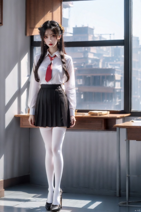  1girl, solo, long hair, breasts, looking at viewer, bangs, skirt, shirt, black hair, thighhighs, long sleeves, brown eyes, school uniform, standing, full body, white shirt, pleated skirt, necktie, collared shirt, white pantyhose, indoors, black skirt, black footwear, high heels, zettai ryouiki, window, chair, desk, high-waist skirt, shirt tucked in, classroom, school desk, chalkboard, realistic, , lihanyi, yue , hair ornament , hanfu, yunyun,wings,pencil_skirt,yellow_footwear,high_heels,long_hair, tutubs