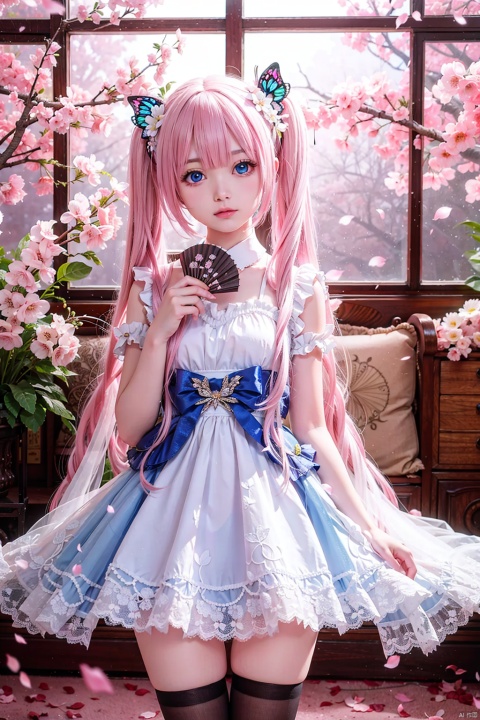  (cowboy shot,very long hair,4349:1), solo, hand_fan, 1girl, thighhighs, pink_hair, long_hair, twintails, flower, letterboxed, hair_ornament, folding_fan, hair_flower, bug, very_long_hair, butterfly, blue_eyes, petals, dress