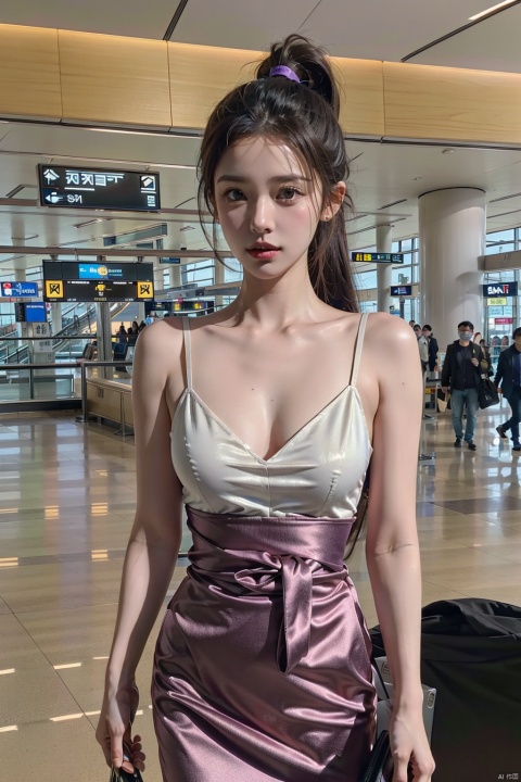  masterpiece, ultra detailed, high quality, 1girl, (parted lips),Open shirt, detailed lips, Short sling,half body, Vacuum, ponytail, long wave hair,longchannel,(purpleeyes:1.1),airport,机场,Wide passage, ll-hd, Light master