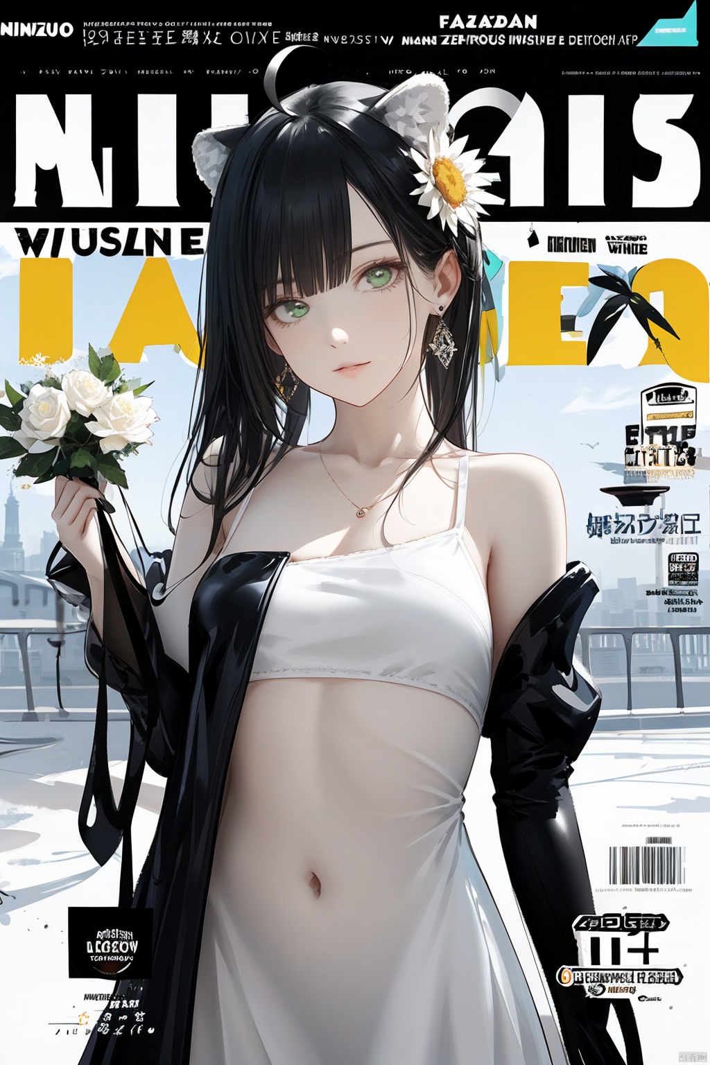  1girl, official, head, green eyes,animal ears, ahoge, long straight hair, ponytail, hair ornament,bare shoulders, black crop top, small breasts, navel, detached sleeves, elbow gloves, fingerless gloves, two tails, skirt bouquet, branch, daisy, dandelion, dress, floral_background, flower, flower_pot, green_flower, head_out_of_frame, holding, holding_bouquet, holding_flower, ivy, leaf, lily_\(flower\), lily_of_the_valley, lily_pad, long white_hair, lotus, morning_glory, palm_leaf, palm_tree, petals, plant, potted_plant, puffy_sleeves, rose, solo, sunflower, tulip, upper_body, vase, vines, white_dress, white_flower, white_rose, yellow_flower, masterpiece, best quality,beautiful detailed hair,beautiful detailed face,beautiful detailed jacket,beautiful detailed background,album cover,beautiful detailed splash, in city, cityscape,1girl,limited palette,pastel color, many line in hair, shiny skin,sunlight, 2020s,minute details, punk, out doors, looking at viewer, drawing,multicolored back graound, colorful, solo,cowboy shot, jacket, long sleeves, chest, ((((magazin cover)))), long hair, floating hair, bangs, colored inner hair, aqua theme, official art, zydink, large circular earrings