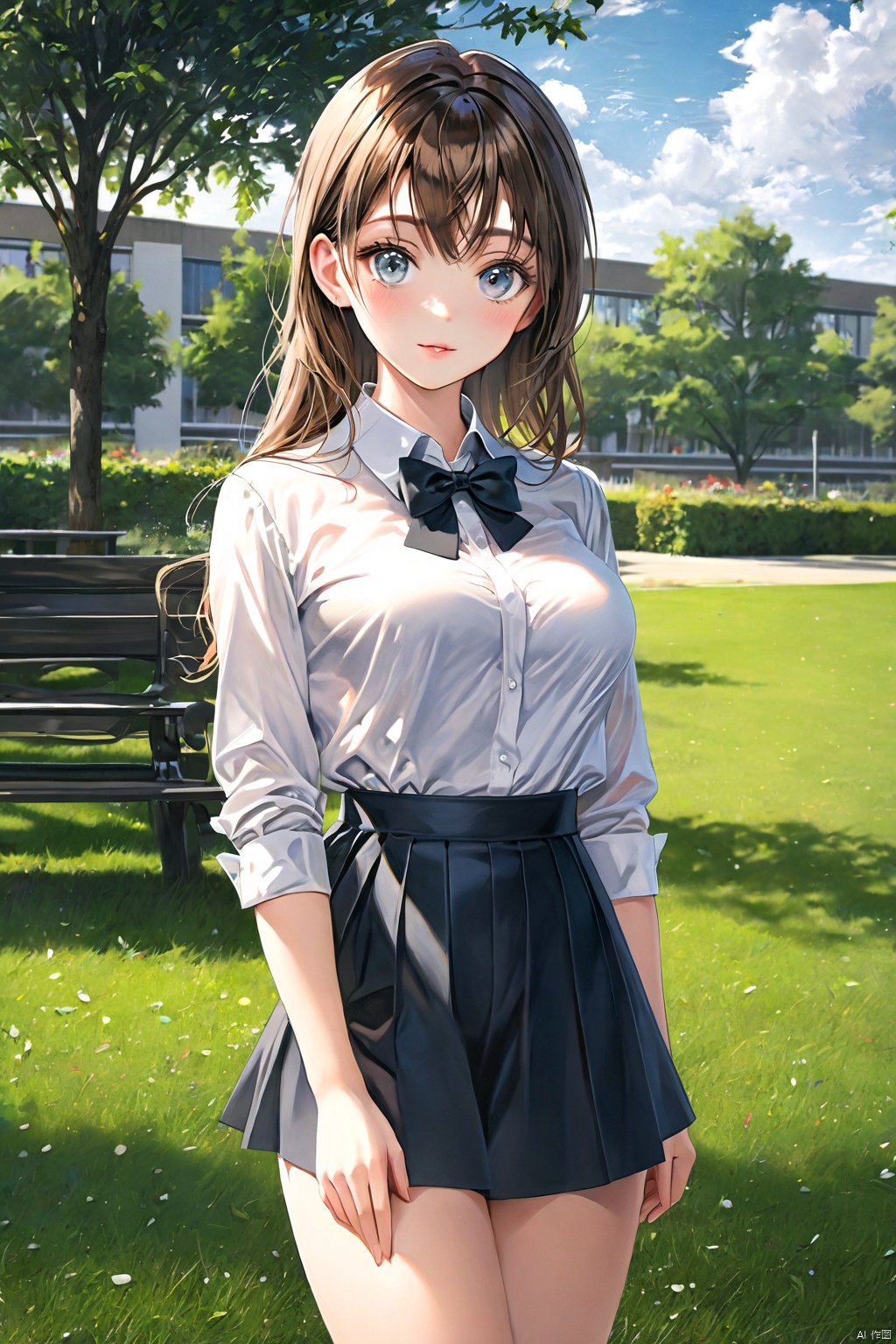  (photorealistic, best quality, ultra high res, extremely detailed eyes and face:1.3),(1girl, solo:1.3),(bowtie,black_loafers,French,perfect body,standing,sexy breasts,upper body,looking at viewer,(school outdoors:1.2),set