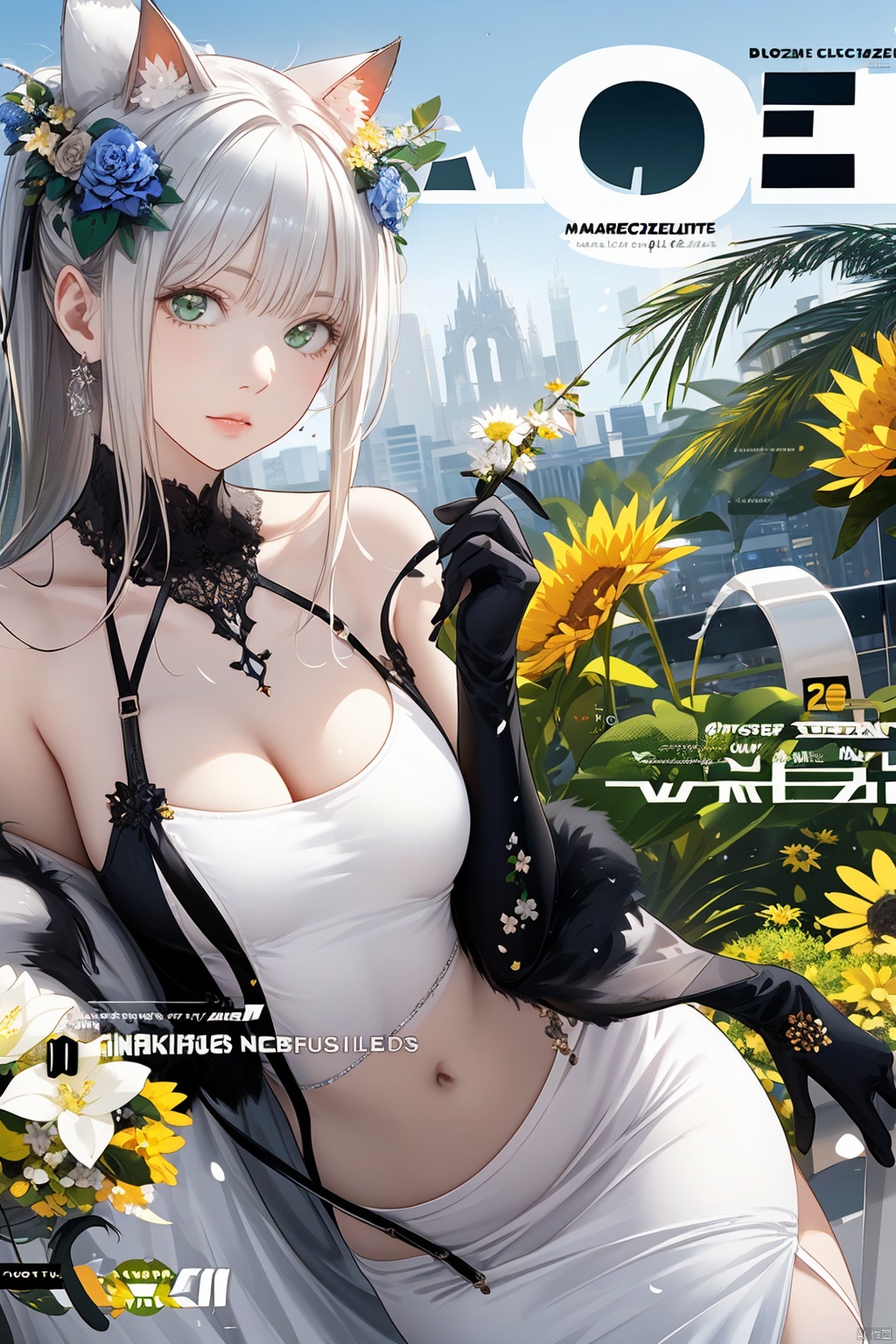  1girl, official, head, green eyes,animal ears, ahoge, long straight hair, ponytail, hair ornament,bare shoulders, black crop top, small breasts, navel, detached sleeves, elbow gloves, fingerless gloves, two tails, skirt bouquet, branch, daisy, dandelion, dress, floral_background, flower, flower_pot, green_flower, head_out_of_frame, holding, holding_bouquet, holding_flower, ivy, leaf, lily_\(flower\), lily_of_the_valley, lily_pad, long white_hair, lotus, morning_glory, palm_leaf, palm_tree, petals, plant, potted_plant, puffy_sleeves, rose, solo, sunflower, tulip, upper_body, vase, vines, white_dress, white_flower, white_rose, yellow_flower, masterpiece, best quality,beautiful detailed hair,beautiful detailed face,beautiful detailed jacket,beautiful detailed background,album cover,beautiful detailed splash, in city, cityscape,1girl,limited palette,pastel color, many line in hair, shiny skin,sunlight, 2020s,minute details, punk, out doors, looking at viewer, drawing,multicolored back graound, colorful, solo,cowboy shot, jacket, long sleeves, chest, ((((magazin cover)))), long hair, floating hair, bangs, colored inner hair, aqua theme, official art,