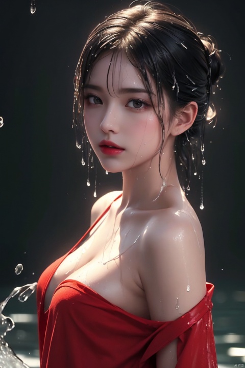  Epic CG masterpiece,stunningly beautiful,graphic tension,dynamic poses,stunning colors,red,3D rendering,surrealism,cinematic lighting effects,realism,00 renderer,super realistic,masterpiece,best quality,32k uhd,insane details,intricate details,hyperdetailed,hyper quality,high detail,ultra detailed,Masterpiece,
1girl,solo,glowing,Red shirt,simple background,,rain,it's soaking wet,(splash of water:1.4),wet_hair,(naked),1 girl,naked