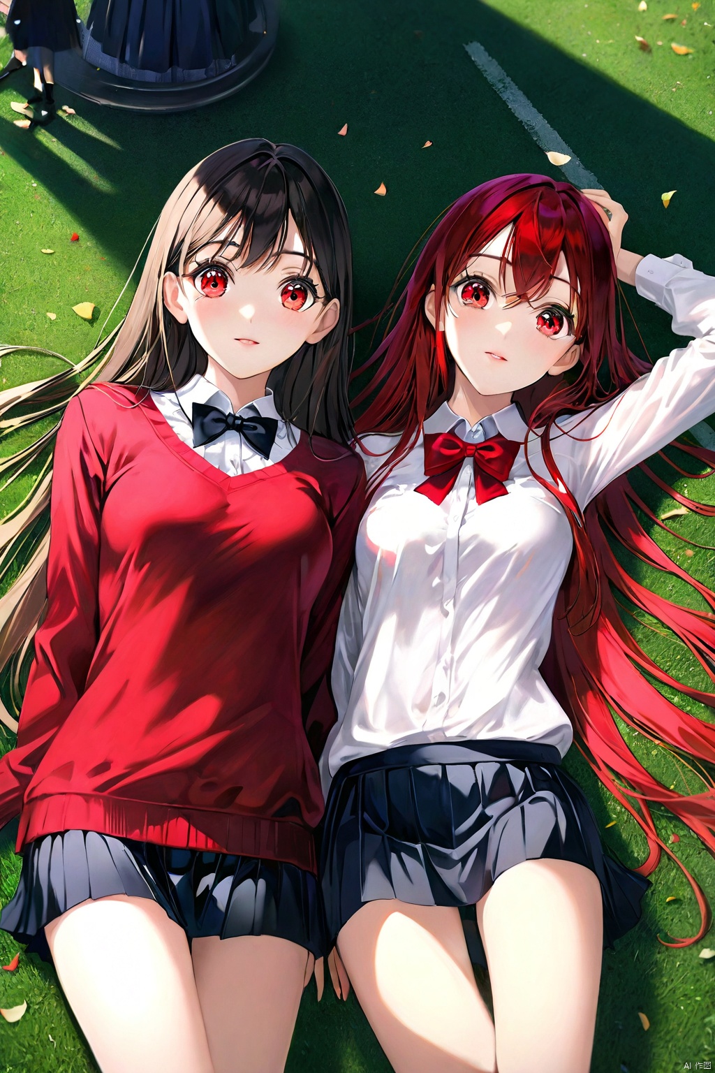  (photorealistic, best quality, ultra high res, extremely detailed eyes and face:1.3),(2girl, solo:1.3),Spanish,bowtie,black_loafers,Dark red very_long_hair,,perfect body,standing,sexy breasts,upper body,looking at viewer,(school outdoors:1.2),lie on grees