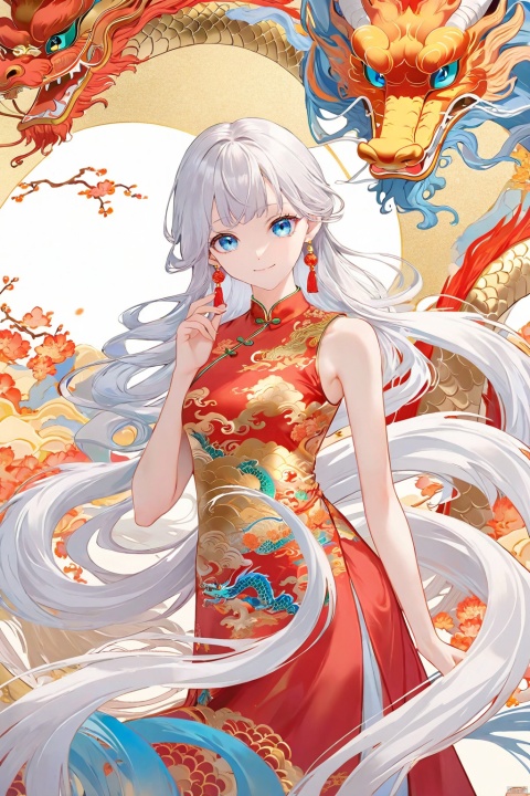  (((A beautiful girl with long flowing white hair))), blue eyes and bangs was holding a small red-gold Chinese dragon. The girl wears a red cheongsam, the background is a fantasy wonderland, the overall atmosphere should reflect happiness, peace, love and warmth, in line with the Chinese New Year theme, Dragon ear, Chinese dragon, wmchahua, guofeng, tqj-hd
