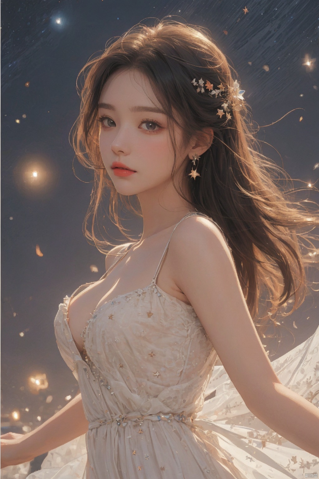  1 girl,Mosaic dress,dance, Fairy, crystal, jewels,black, Crystal clear,solo, long hair, looking at viewer,black hair,jewelry, earrings,lips, makeup, portrait, eyeshadow, realistic, nose,{{best quality}}, {{masterpiece}}, {{ultra-detailed}}, {illustration}, {detailed light}, {an extremely delicate and beautiful}, a girl, {beautiful detailed eyes}, stars in the eyes, messy floating hair, colored inner hair, Starry sky adorns hair, depth of field, large breasts,cleavage,zj,
blurry, no humans, traditional media, gem, crystal, still life, Dance,movements, (\meng ze\), dreampaperpaper, eluosi