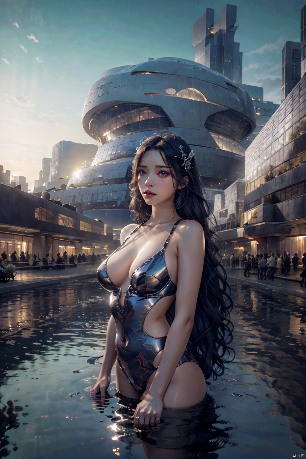  ((masterpiece)), ((best quality)), ((illustration)), extremely detailed,1 girl,naked, big breasts,light grey very_long_hair, scifi hair ornaments, beautiful detailed deep eyes, beautiful detailed sky, cinematic lighting, modern architecture, Landscape