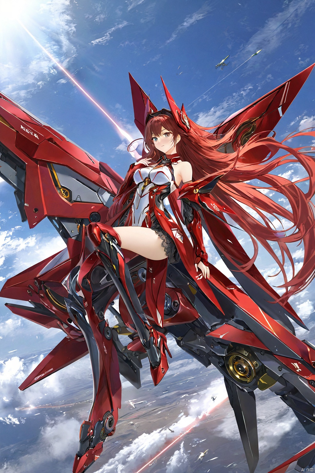  ((masterpiece)), ((best quality)), ((illustration)), extremely detailed,1 girl,mecha clothes,Dark red very_long_hair, scifi hair ornaments, beautiful detailed deep eyes, beautiful detailed sky, cinematic lighting, wind,seton Mechanical wings,eva 02