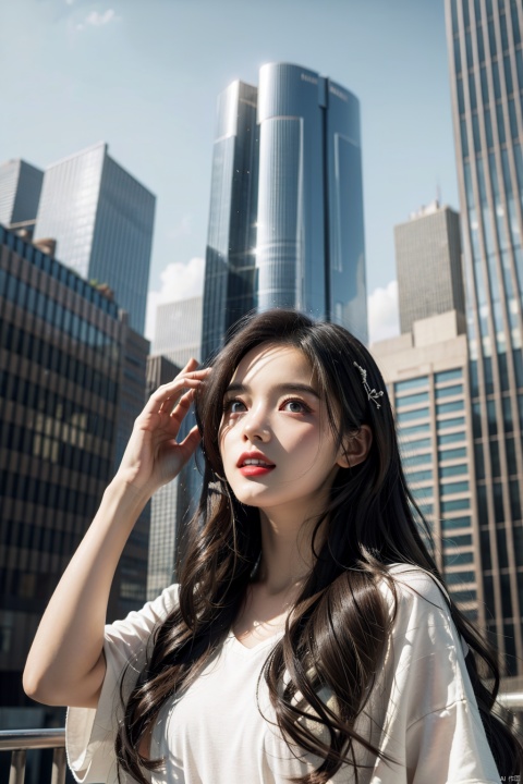  ((masterpiece)), ((best quality)), ((illustration)), extremely detailed,1 girl,little ,grey very_long_hair, set,scifi hair ornaments, beautiful detailed deep eyes, beautiful detailed sky, cinematic lighting, modern architecture, reinopool,raise one hand,see the city, ((poakl)),high-rises,laughing,pout
