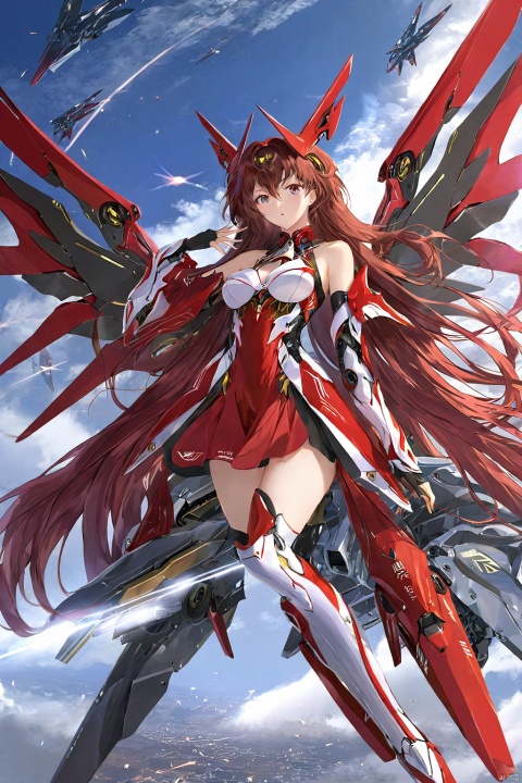  ((masterpiece)), ((best quality)), ((illustration)), extremely detailed,1 girl,mecha clothes,Dark red very_long_hair, scifi hair ornaments, beautiful detailed deep eyes, beautiful detailed sky, cinematic lighting, wind,seton Mechanical wings,eva 02