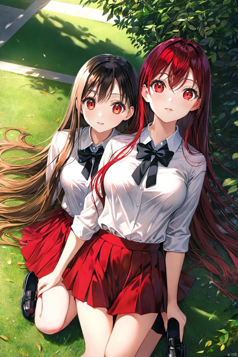  (photorealistic, best quality, ultra high res, extremely detailed eyes and face:1.3),(2girl, solo:1.3),Spanish,bowtie,black_loafers,Dark red very_long_hair,,perfect body,standing,sexy breasts,upper body,looking at viewer,(school outdoors:1.2),lie on grees