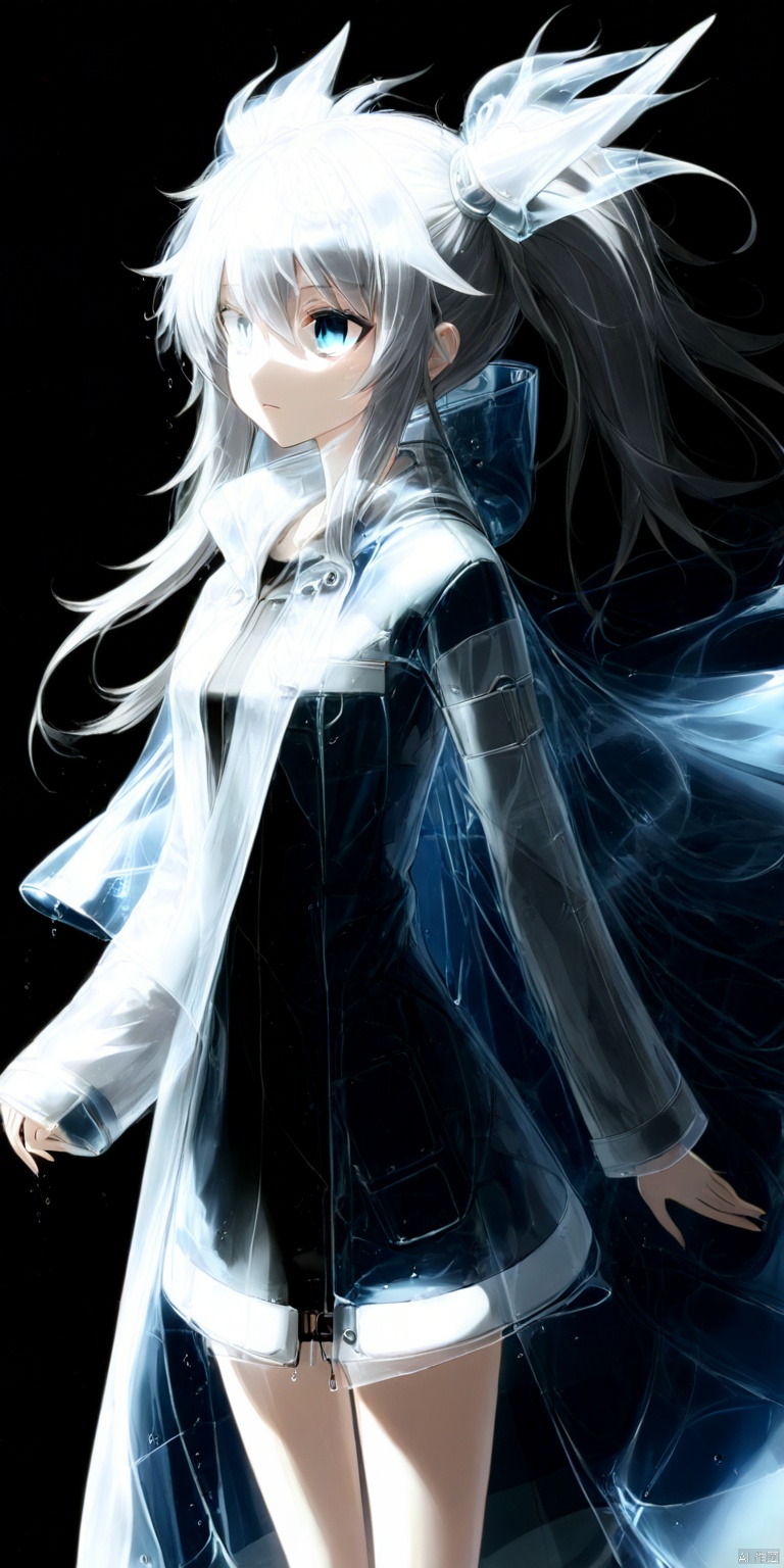  (masterpiece), (best quality), sci-fi girl, (disheveled hair), very long grey blue hair, twintails, mignon, detailed cute eyes, (transparent raincoat), (transparent plastic cloak), long cyber hooded jacket, dragon,red led, green led, yellow led, x-ray
