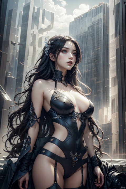  ((masterpiece)), ((best quality)), ((illustration)), extremely detailed,1 girl,naked, big breasts,light grey very_long_hair, scifi hair ornaments, beautiful detailed deep eyes, beautiful detailed sky, cinematic lighting, modern architecture