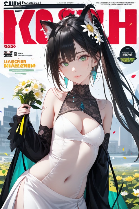  1girl, official, head, green eyes,animal ears, ahoge, long straight hair, ponytail, hair ornament,bare shoulders, black crop top, small breasts, navel, detached sleeves, elbow gloves, fingerless gloves, two tails, skirt bouquet, branch, daisy, dandelion, dress, floral_background, flower, flower_pot, green_flower, head_out_of_frame, holding, holding_bouquet, holding_flower, ivy, leaf, lily_\(flower\), lily_of_the_valley, lily_pad, long white_hair, lotus, morning_glory, palm_leaf, palm_tree, petals, plant, potted_plant, puffy_sleeves, rose, solo, sunflower, tulip, upper_body, vase, vines, white_dress, white_flower, white_rose, yellow_flower, masterpiece, best quality,beautiful detailed hair,beautiful detailed face,beautiful detailed jacket,beautiful detailed background,album cover,beautiful detailed splash, in city, cityscape,1girl,limited palette,pastel color, many line in hair, shiny skin,sunlight, 2020s,minute details, punk, out doors, looking at viewer, drawing,multicolored back graound, colorful, solo,cowboy shot, jacket, long sleeves, chest, ((((magazin cover)))), long hair, floating hair, bangs, colored inner hair, aqua theme, official art, zydink, large circular earrings