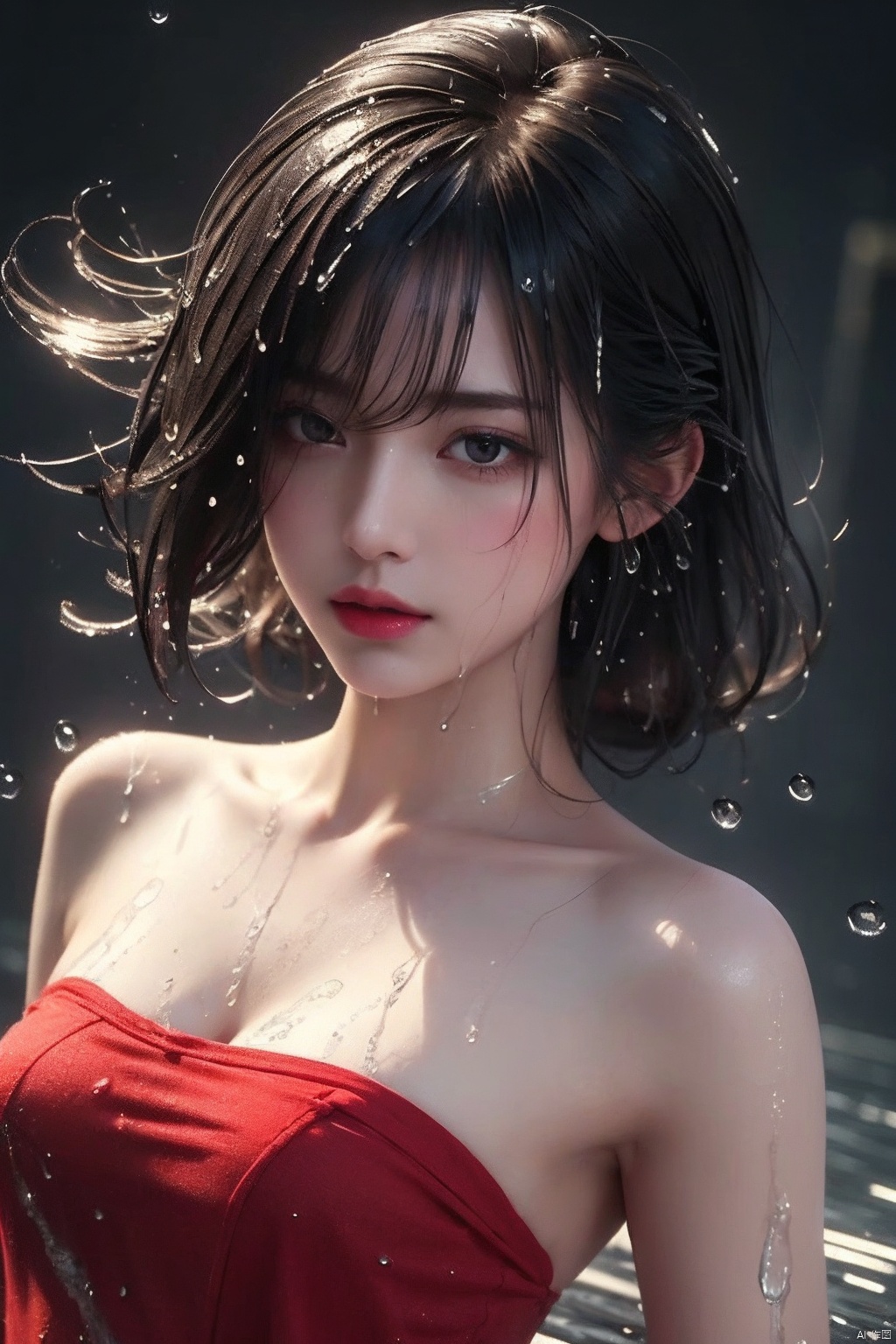  Epic CG masterpiece,stunningly beautiful,graphic tension,dynamic poses,stunning colors,red,3D rendering,surrealism,cinematic lighting effects,realism,00 renderer,super realistic,masterpiece,best quality,32k uhd,insane details,intricate details,hyperdetailed,hyper quality,high detail,ultra detailed,Masterpiece,
1girl,solo,glowing,Red shirt,simple background,,rain,it's soaking wet,(splash of water:1.4),wet_hair,(naked),1 girl,naked