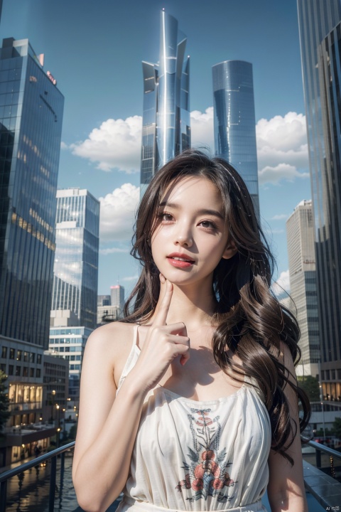  ((masterpiece)), ((best quality)), ((illustration)), extremely detailed,1 girl,little ,grey very_long_hair, set,scifi hair ornaments, beautiful detailed deep eyes, beautiful detailed sky, cinematic lighting, modern architecture, reinopool,raise one hand,see the city, ((poakl)),high-rises,laughing,pout
