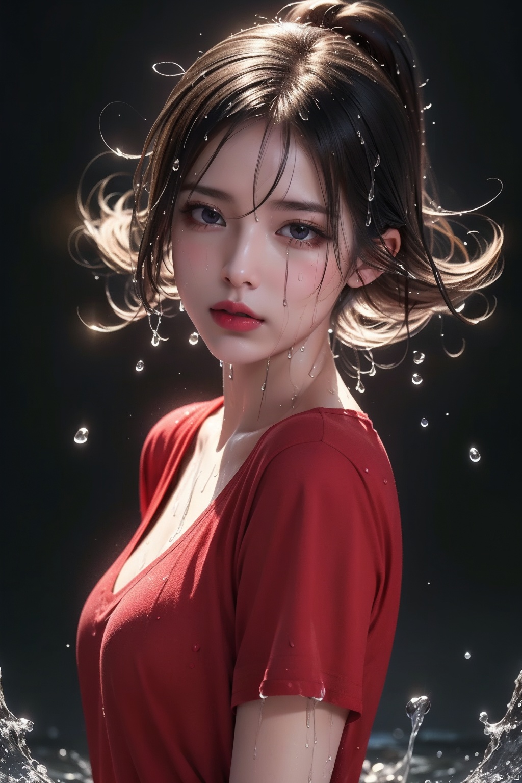  Epic CG masterpiece,stunningly beautiful,graphic tension,dynamic poses,stunning colors,red,3D rendering,surrealism,cinematic lighting effects,realism,00 renderer,super realistic,masterpiece,best quality,32k uhd,insane details,intricate details,hyperdetailed,hyper quality,high detail,ultra detailed,Masterpiece,
1girl,solo,glowing,Red shirt,simple background,,rain,it's soaking wet,(splash of water:1.4),wet_hair,(naked),1 girl,naked, transparent