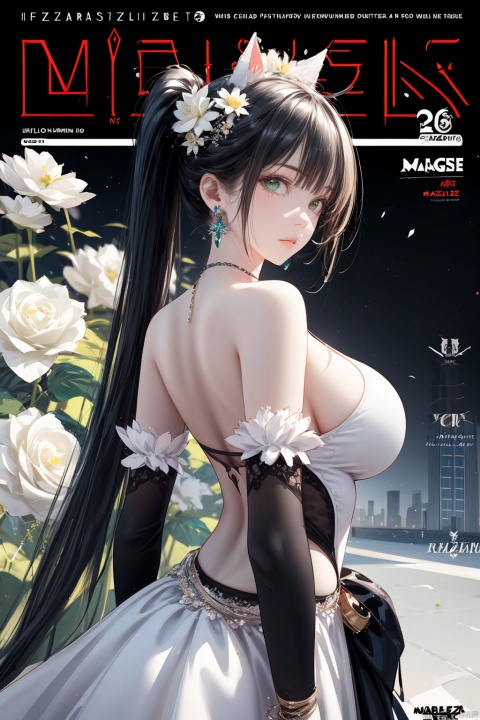  1girl, official, head, green eyes,animal ears, ahoge, long straight hair, ponytail, hair ornament,bare shoulders, black crop top, big breasts, navel, detached sleeves, elbow gloves, fingerless gloves, two tails, skirt bouquet, branch, daisy, dandelion, dress, floral_background, flower, flower_pot, green_flower, head_out_of_frame, holding, holding_bouquet, holding_flower, ivy, leaf, lily_\(flower\), lily_of_the_valley, lily_pad, long white_hair, lotus, morning_glory, palm_leaf, palm_tree, petals, plant, potted_plant, puffy_sleeves, rose, solo, sunflower, tulip, upper_body, vase, vines, white_dress, white_flower, white_rose, yellow_flower, masterpiece, best quality,beautiful detailed hair,beautiful detailed face,beautiful detailed jacket,beautiful detailed background,album cover,beautiful detailed splash, in city, cityscape,1girl,limited palette,pastel color, many line in hair, shiny skin,sunlight, 2020s,minute details, punk, out doors, looking at viewer, drawing,multicolored back graound, colorful, solo,cowboy shot, jacket, long sleeves, chest, ((((magazin cover)))), long hair, floating hair, bangs, colored inner hair, aqua theme, official art, zydink, large circular earrings