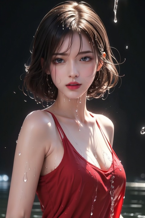  Epic CG masterpiece,stunningly beautiful,graphic tension,dynamic poses,stunning colors,red,3D rendering,surrealism,cinematic lighting effects,realism,00 renderer,super realistic,masterpiece,best quality,32k uhd,insane details,intricate details,hyperdetailed,hyper quality,high detail,ultra detailed,Masterpiece,
1girl,solo,glowing,Red shirt,simple background,,rain,it's soaking wet,(splash of water:1.4),wet_hair,(naked),1 girl,naked