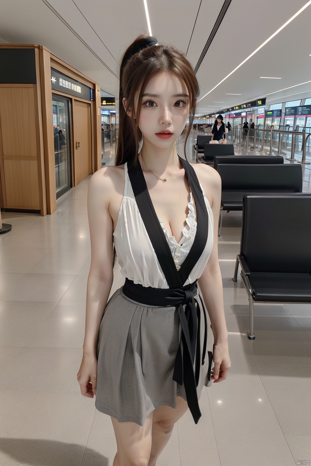  masterpiece, ultra detailed, high quality, 1girl, (parted lips),Deep V-length skirt, detailed lips, Short sling,half body, Vacuum, ponytail, long wave hair,longchannel,(purpleeyes:1.1),airport,机场,Wide passage, ll-hd