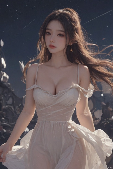  1 girl,Mosaic dress,dance, Fairy, crystal, jewels,black, Crystal clear,solo, long hair, looking at viewer,black hair,jewelry, earrings,lips, makeup, portrait, eyeshadow, realistic, nose,{{best quality}}, {{masterpiece}}, {{ultra-detailed}}, {illustration}, {detailed light}, {an extremely delicate and beautiful}, a girl, {beautiful detailed eyes}, stars in the eyes, messy floating hair, colored inner hair, Starry sky adorns hair, depth of field, large breasts,cleavage,zj,
blurry, no humans, traditional media, gem, crystal, still life, Dance,movements, (\meng ze\), dreampaperpaper, eluosi