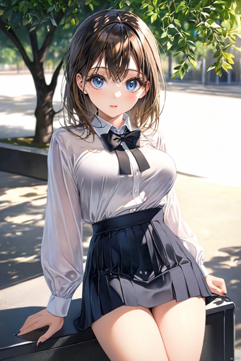  (photorealistic, best quality, ultra high res, extremely detailed eyes and face:1.3),(1girl, solo:1.3),(bowtie,black_loafers,Italian,perfect body,standing,sexy breasts,upper body,looking at viewer,(school outdoors:1.2),lie