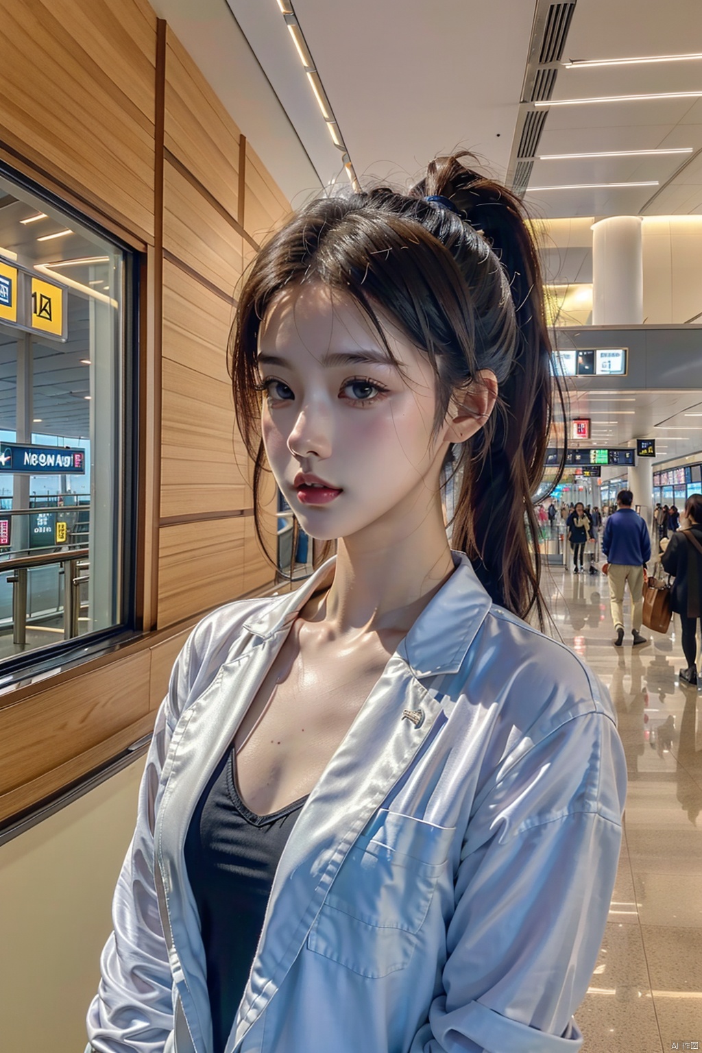  masterpiece, ultra detailed, high quality, 1girl, (parted lips),Open shirt, detailed lips, Short sling,half body, Vacuum, ponytail, long wave hair,longchannel,(purpleeyes:1.1),airport,机场,Wide passage, ll-hd, Light master